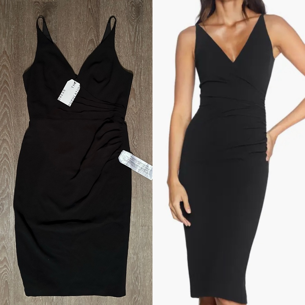 Dress the Population Black V-Neck Ruched Sheath Dress NWT